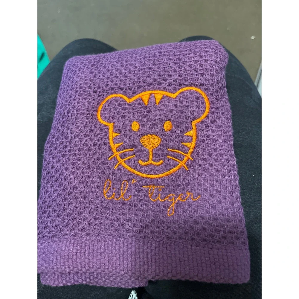 Purple Waffle‎ Weave Hand Towel Lil Tiger Embroidered Kids Bathroom Decor